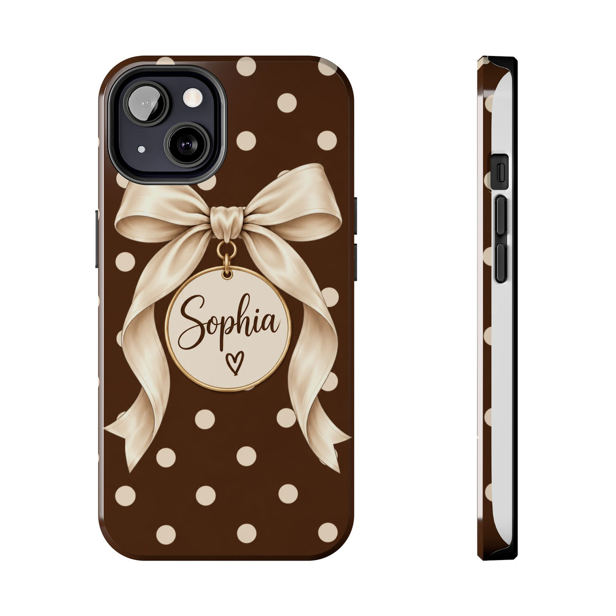 Personalized Polka Dot Bow Phone Case | Custom Name Chocolate Brown Tough Case