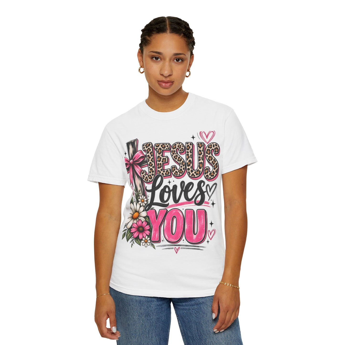 Jesus Loves You Floral Tee — Pink Leopard Faith T-Shirt