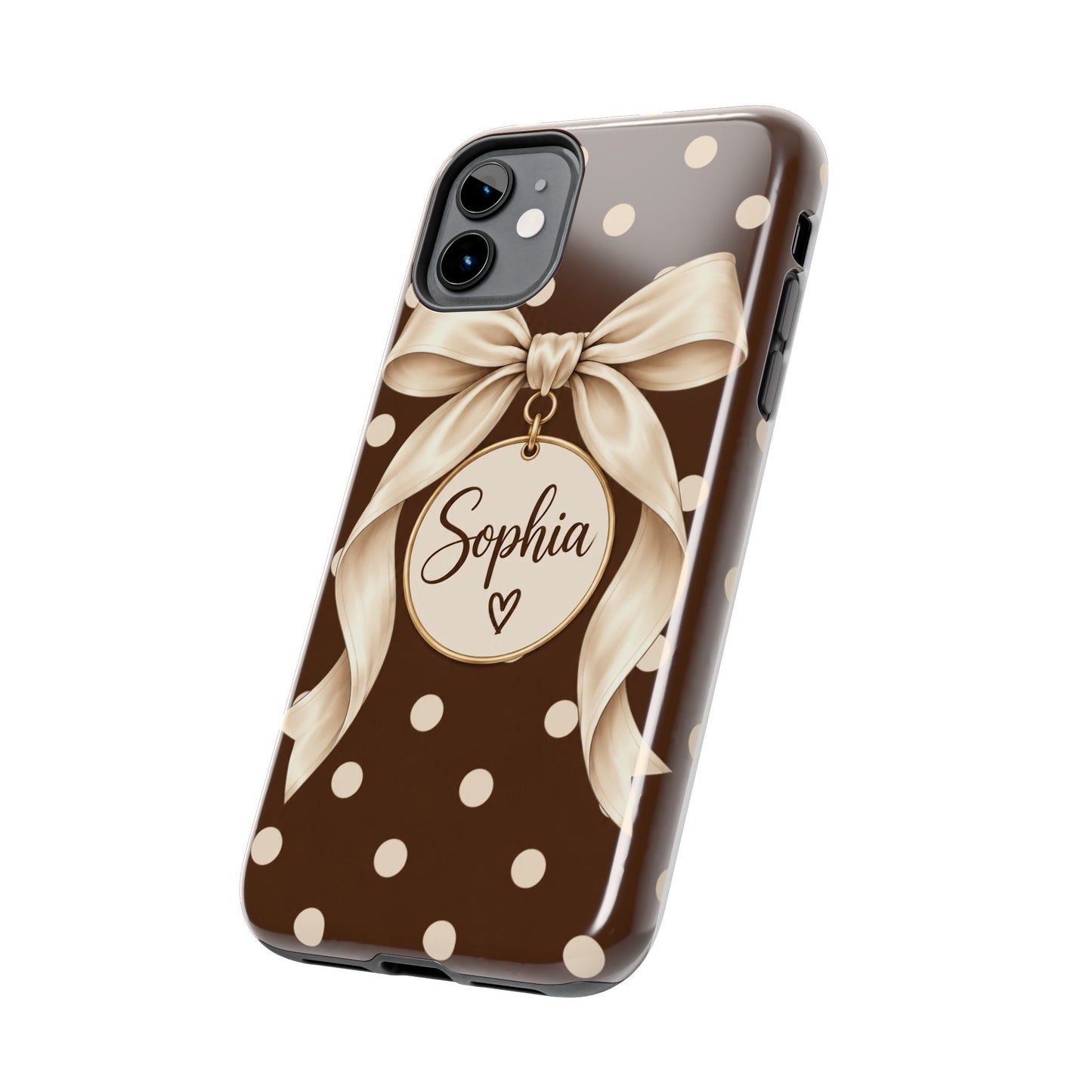 Personalized Polka Dot Bow Phone Case | Custom Name Chocolate Brown Tough Case