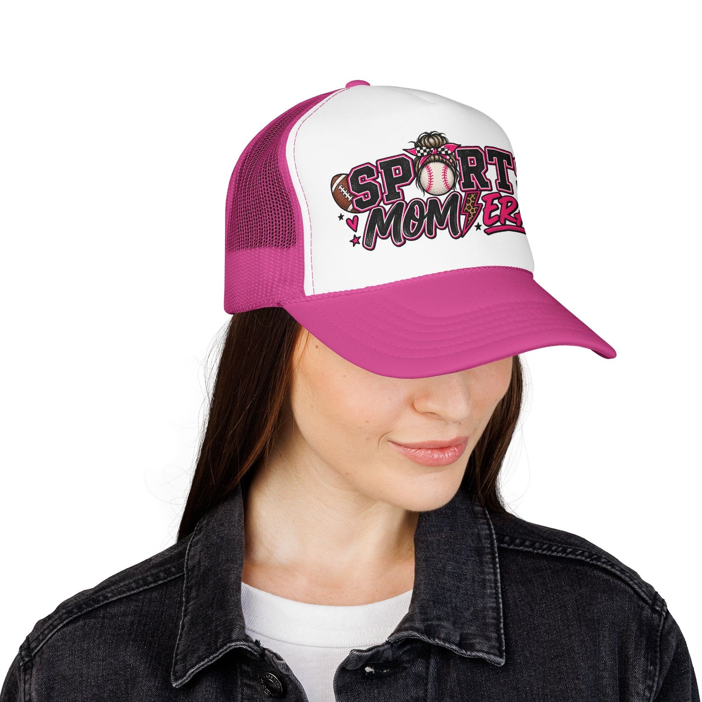 Sports Mom Era Trucker Hat — Pink Glitter Baseball Softball Soccer Mom Cap