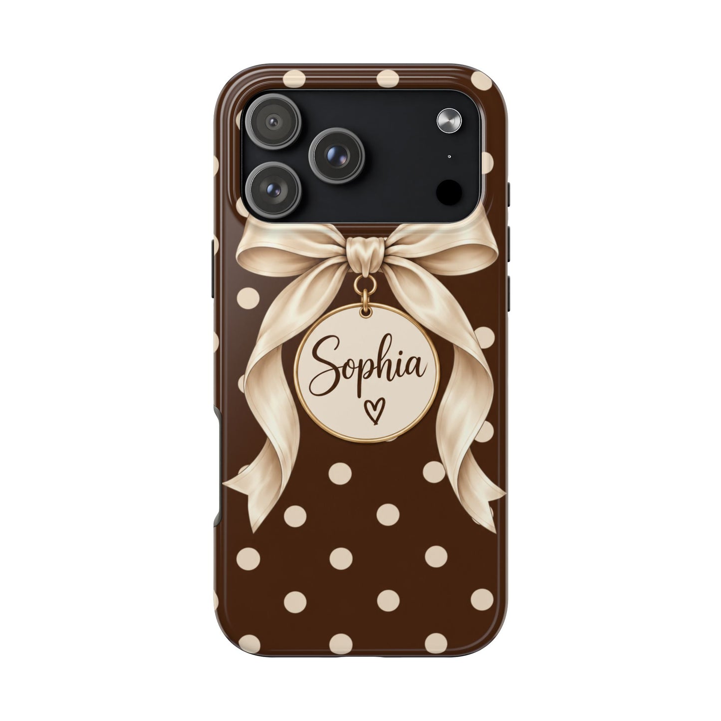 Personalized Polka Dot Bow Phone Case | Custom Name Chocolate Brown Tough Case