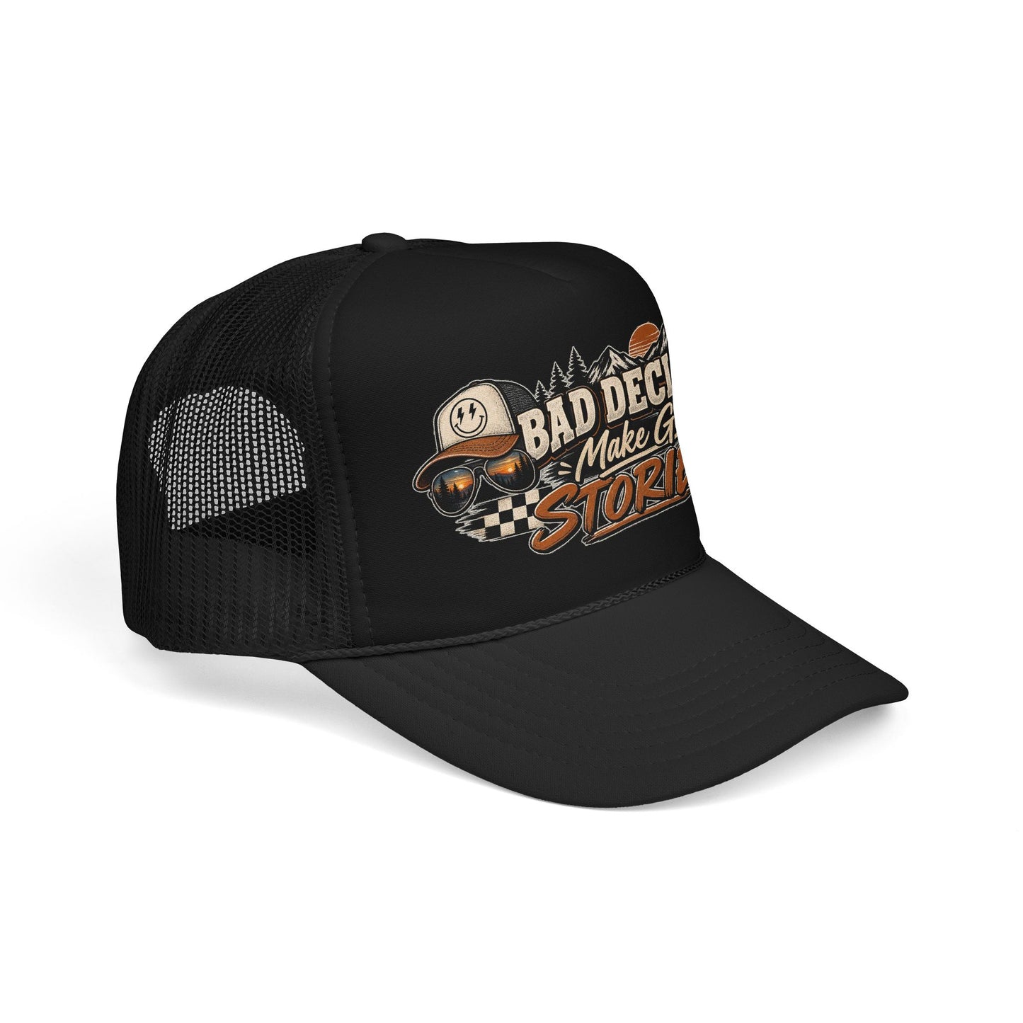 Trucker Hat — "Bad Decisions Make Good Stories" Vintage Graphic