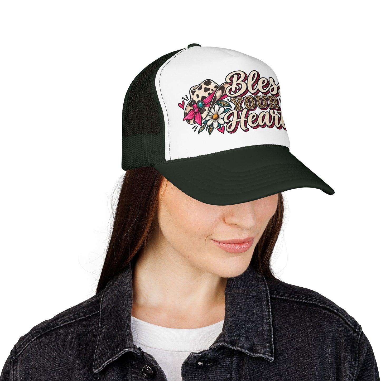 Bless Your Heart Trucker Hat – Floral Leopard Cowgirl Foam Cap