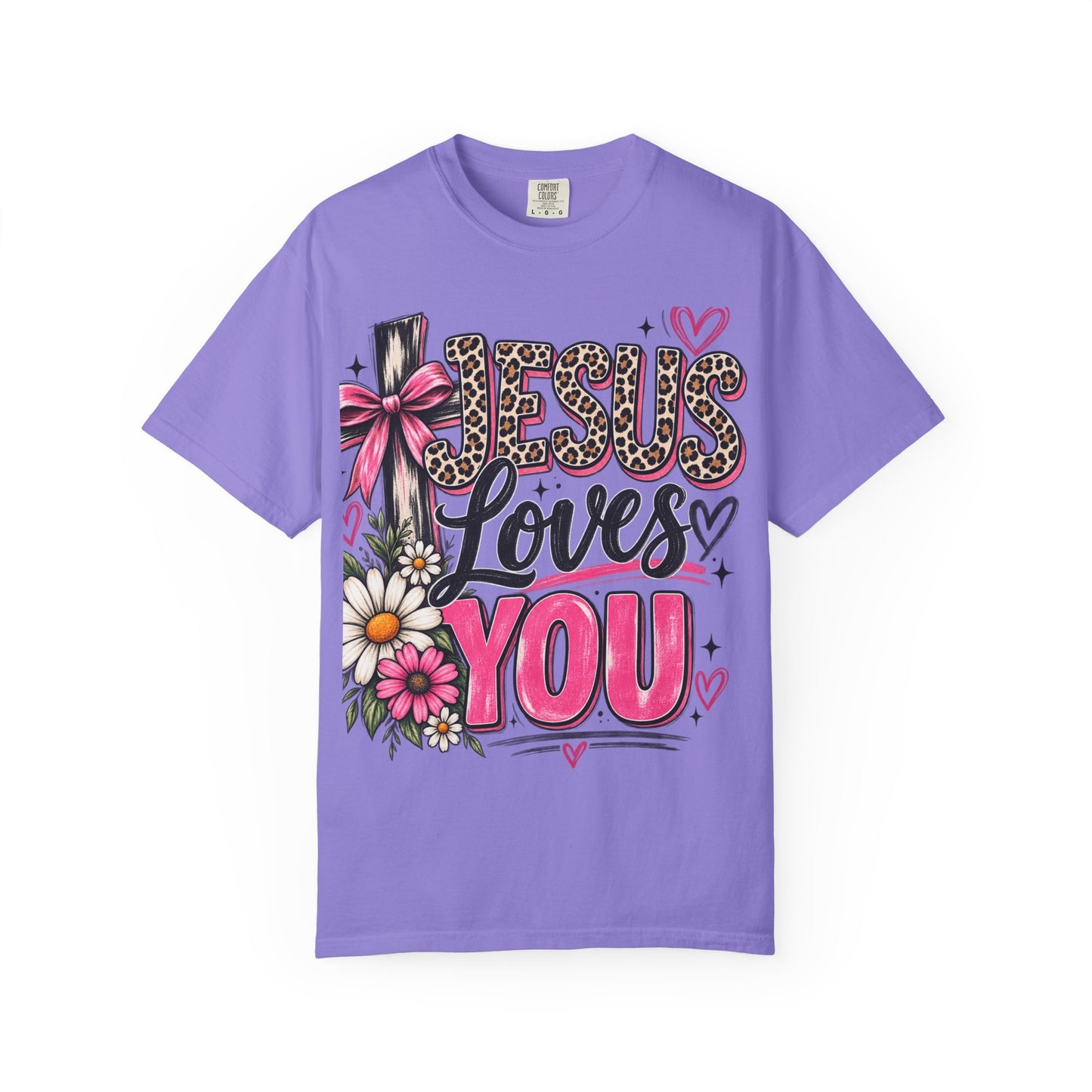 Jesus Loves You Floral Tee — Pink Leopard Faith T-Shirt