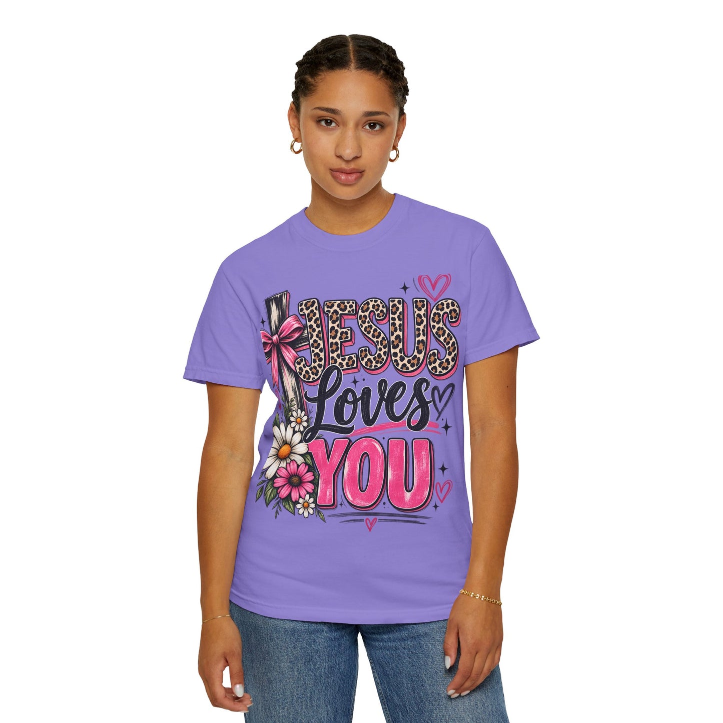 Jesus Loves You Floral Tee — Pink Leopard Faith T-Shirt