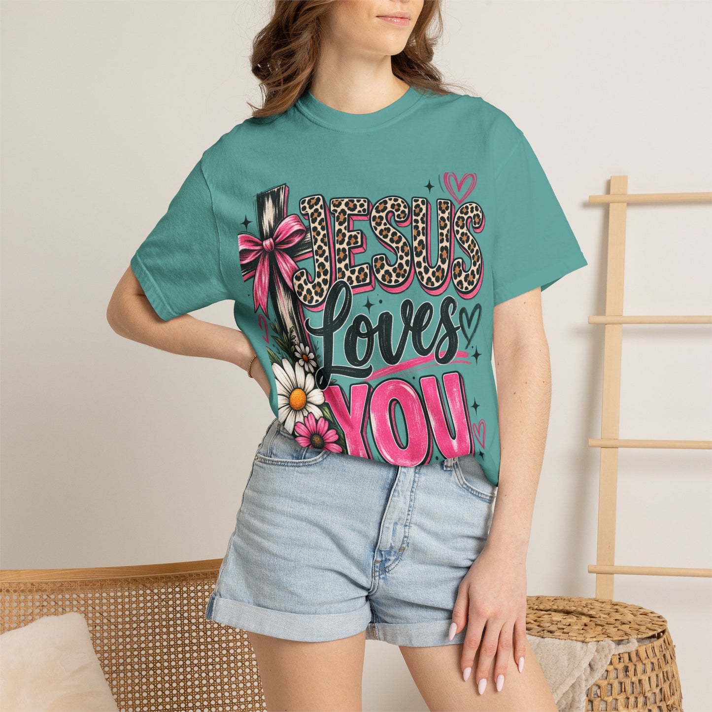 Jesus Loves You Floral Tee — Pink Leopard Faith T-Shirt