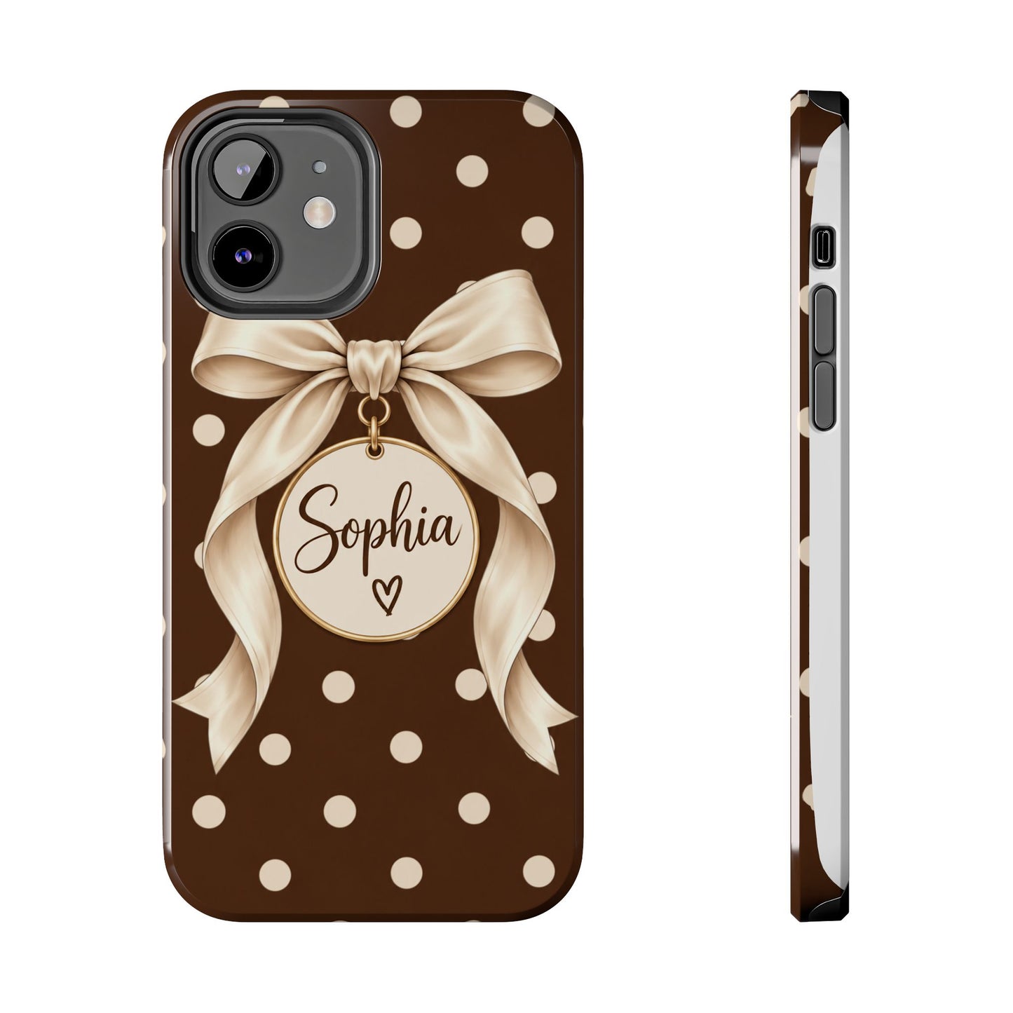 Personalized Polka Dot Bow Phone Case | Custom Name Chocolate Brown Tough Case