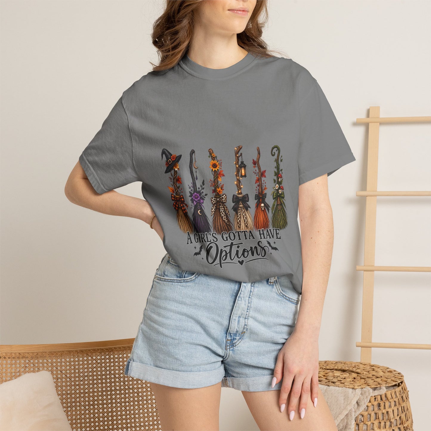 Witch Brooms Halloween T-Shirt — "A Girl's Gotta Have Options"