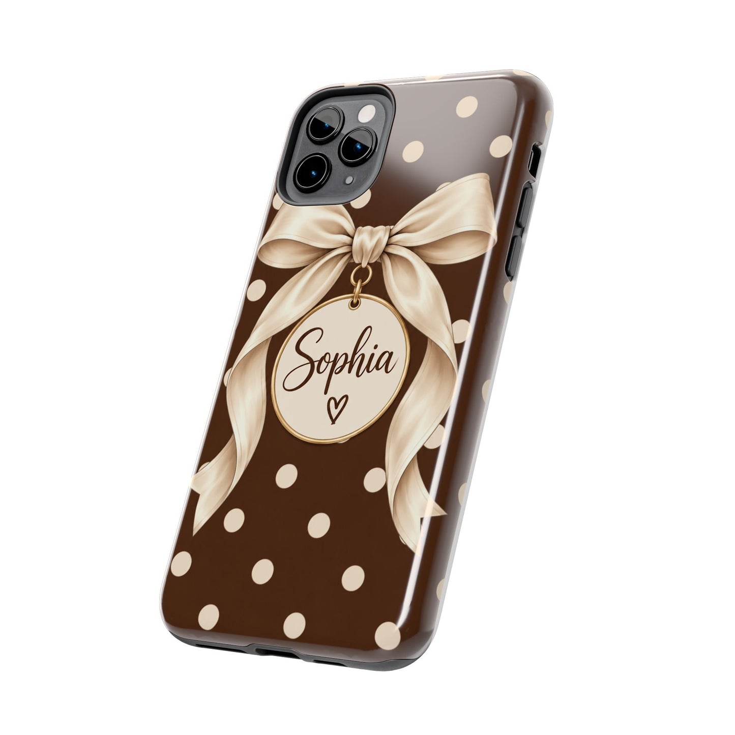 Personalized Polka Dot Bow Phone Case | Custom Name Chocolate Brown Tough Case