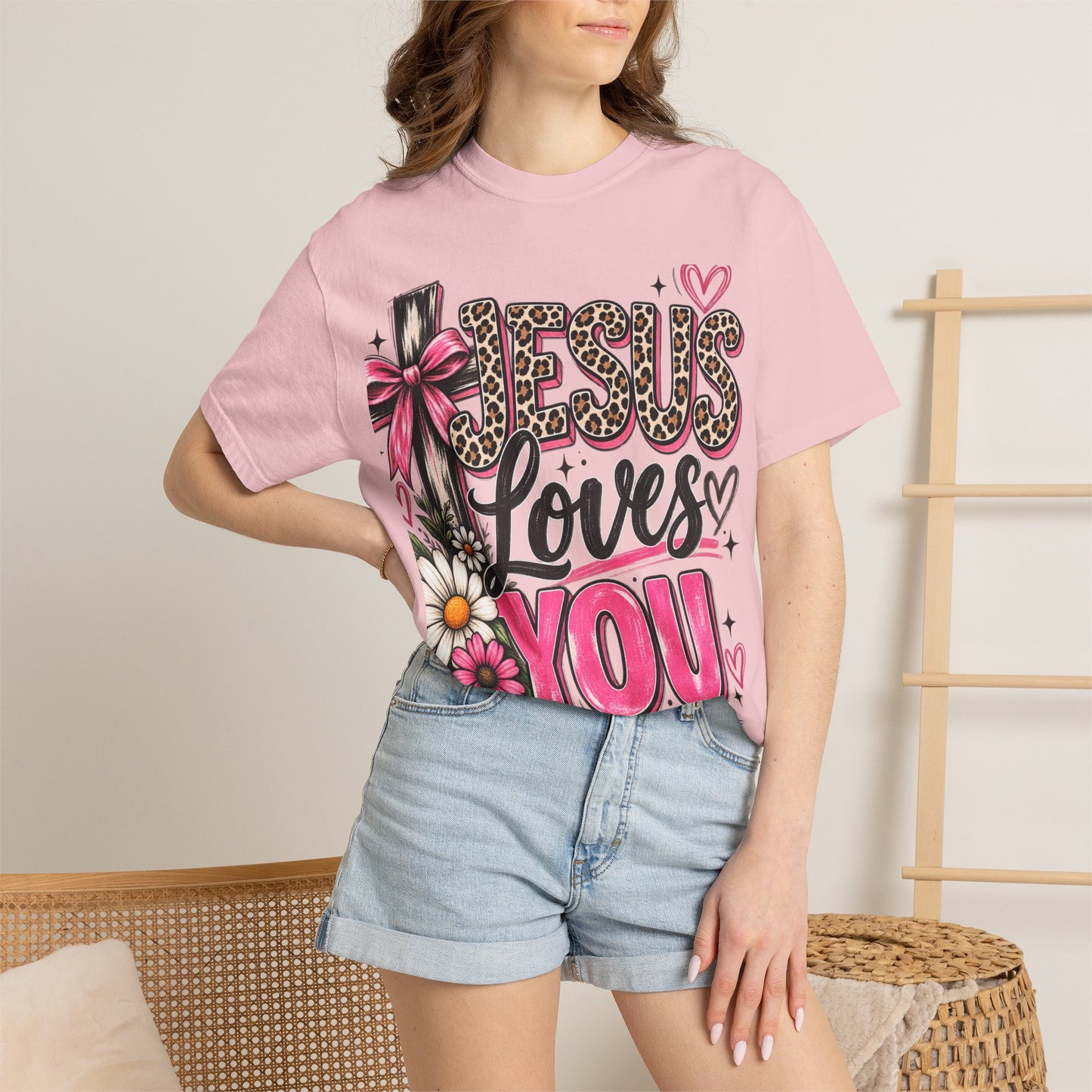 Jesus Loves You Floral Tee — Pink Leopard Faith T-Shirt