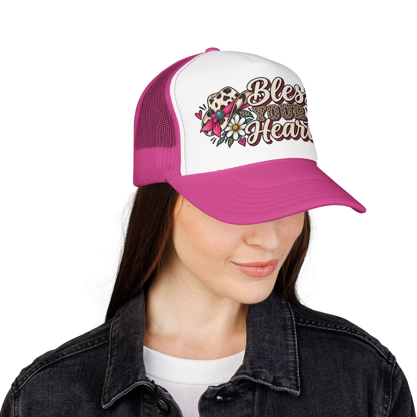 Bless Your Heart Trucker Hat – Floral Leopard Cowgirl Foam Cap