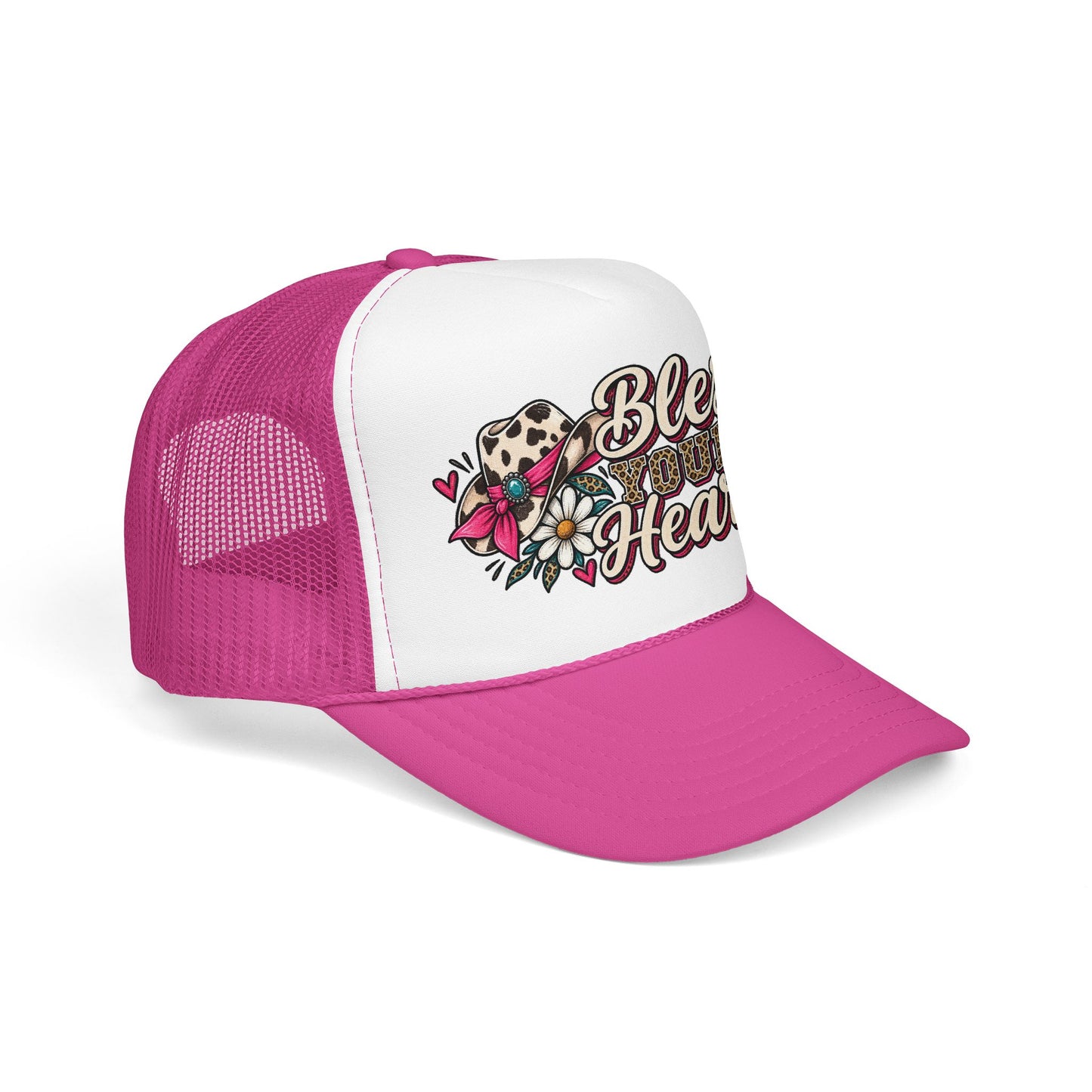Bless Your Heart Trucker Hat – Floral Leopard Cowgirl Foam Cap