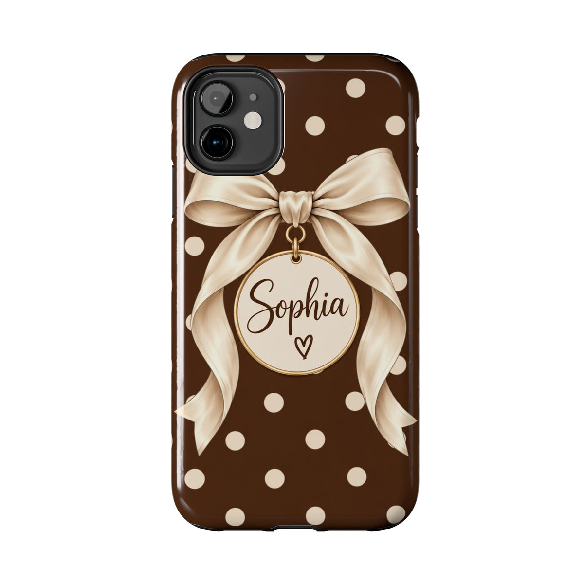 Personalized Polka Dot Bow Phone Case | Custom Name Chocolate Brown Tough Case