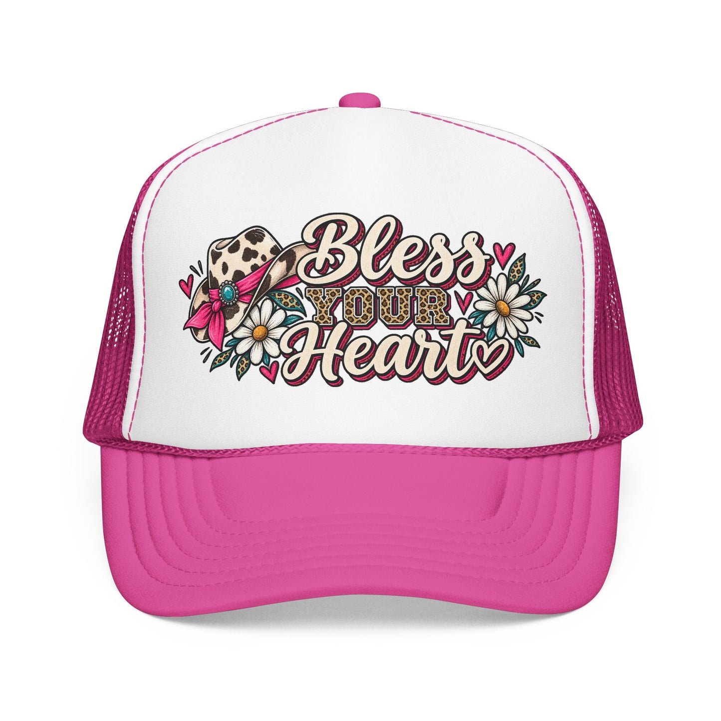 Bless Your Heart Trucker Hat – Floral Leopard Cowgirl Foam Cap