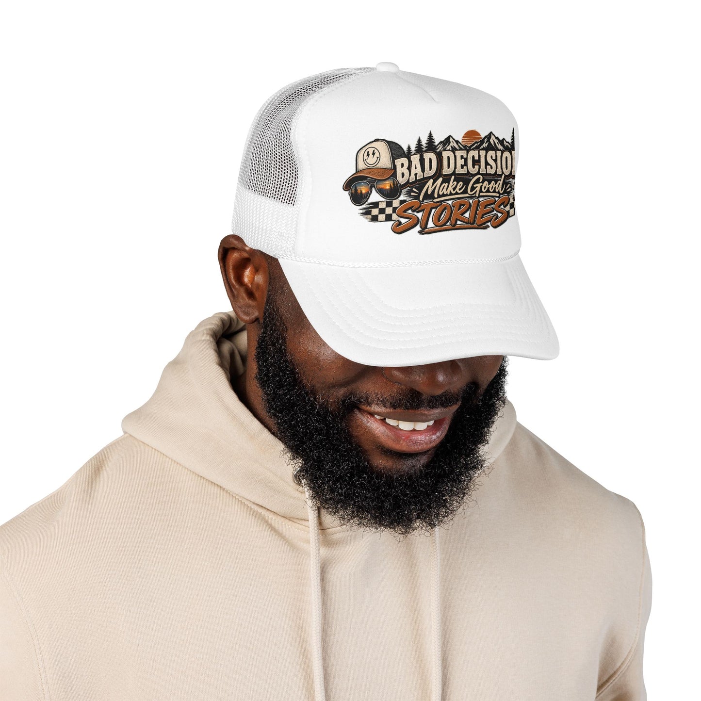 Trucker Hat — "Bad Decisions Make Good Stories" Vintage Graphic